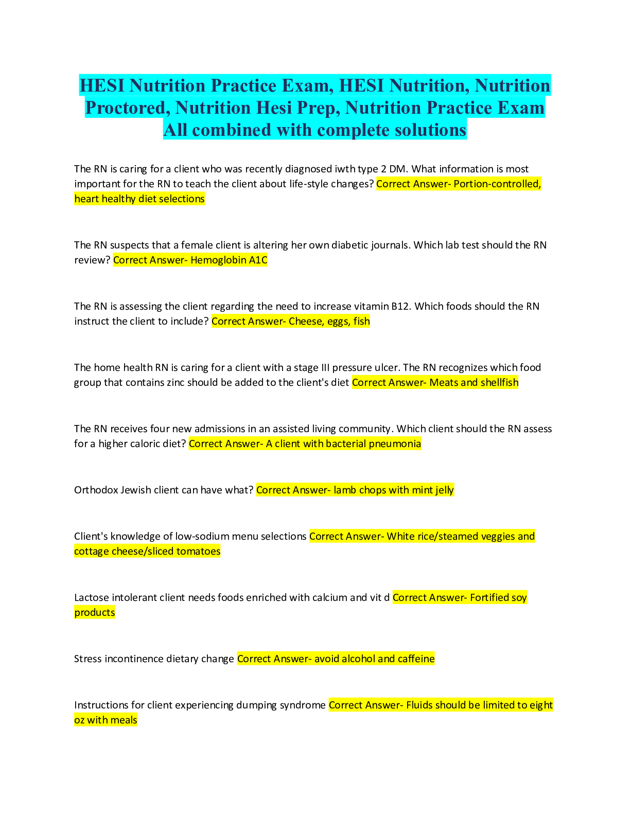 Preview of HESI Nutrition Practice Exam, HESI Nutrition, Nutrition Proctored, Nutrition Hesi Prep, Nu